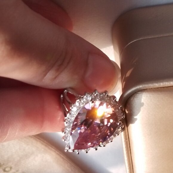 New Pink Tear Drop Halo 925 Sterling Silver Style CZ Ring - Picture 3 of 6